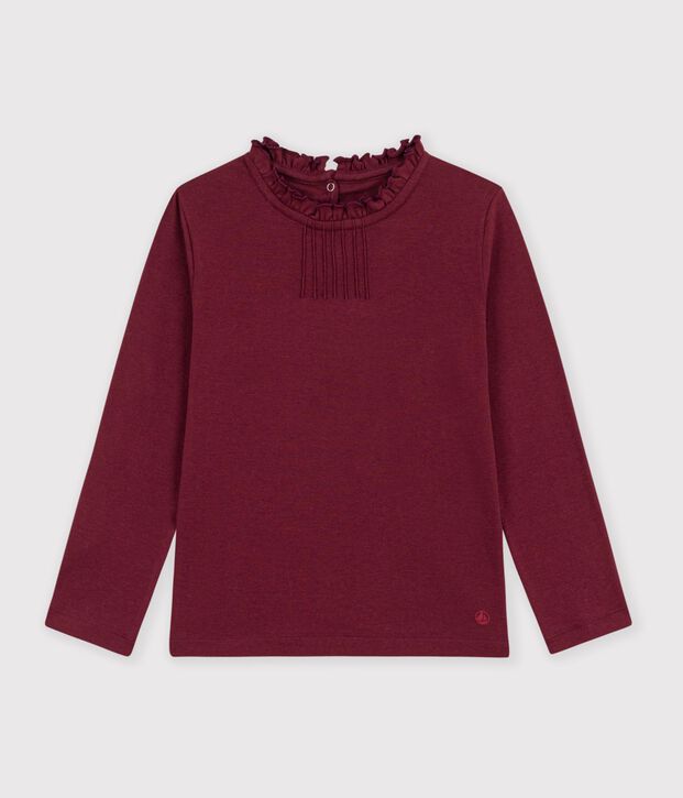 Tee-shirt &agrave; col enfant manches longues uni bordeaux