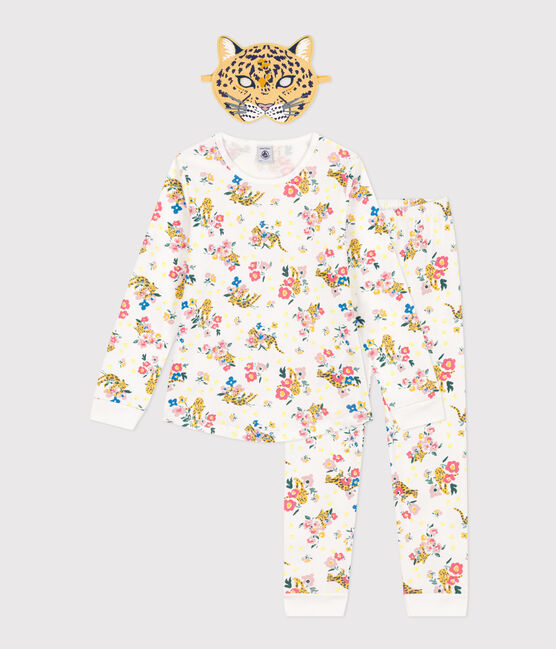 Lichtgevende verkleedpyjama met panternmasker van katoen voor kinderen wit MARSHMALLOW/wit MULTICO