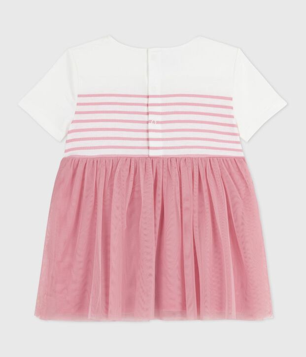 Robe b&eacute;b&eacute; coton et tulle manches courtes, haut ray&eacute; blanc/rose