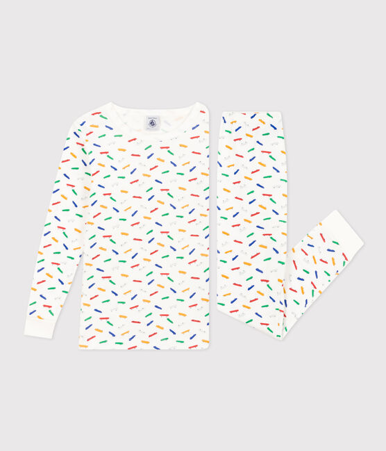 Aansluitende katoenen pyjama met skateboardprint voor kinderen wit MARSHMALLOW/wit MULTICO