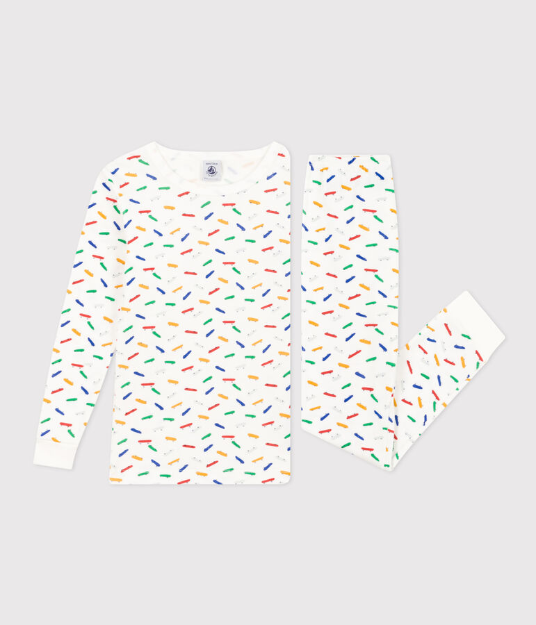 Aansluitende katoenen pyjama met skateboardprint voor kinderen wit/multicouleur