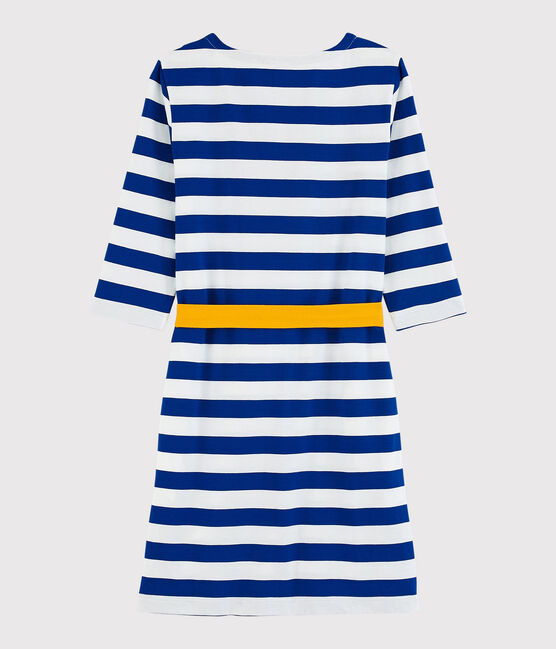 Gestreepte jurk met lange mouwen Dames blauw SURF/wit MARSHMALLOW
