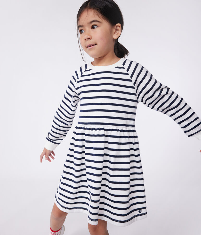 Robe enfant en coton manches longues &agrave; rayures blanc/bleu