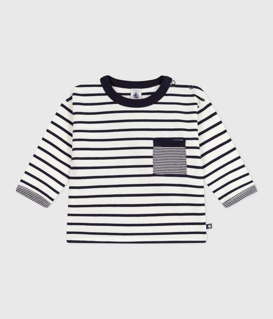 Gestreept T-shirt met lange mouwen in katoen voor baby's wit MARSHMALLOW/blauw SMOKING