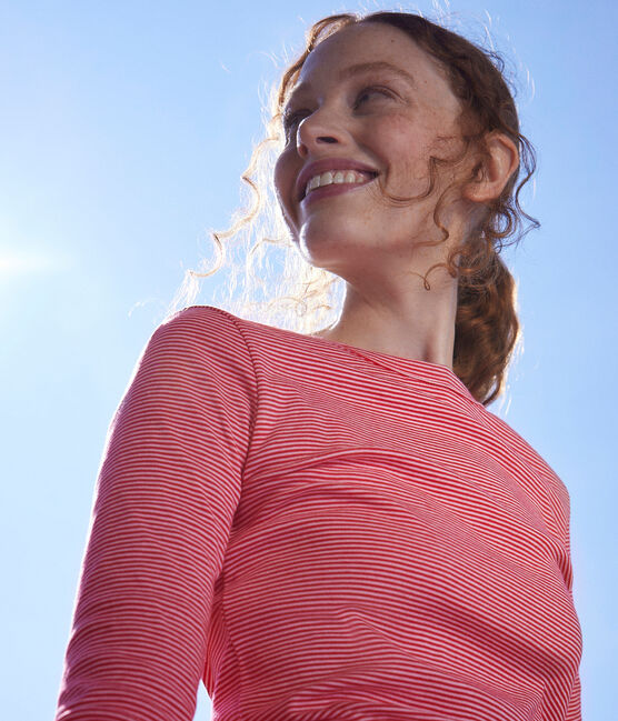 Tee-shirt L'ICONIQUE col rond en coton Femme rouge CORRIDA/blanc MARSHMALLOW