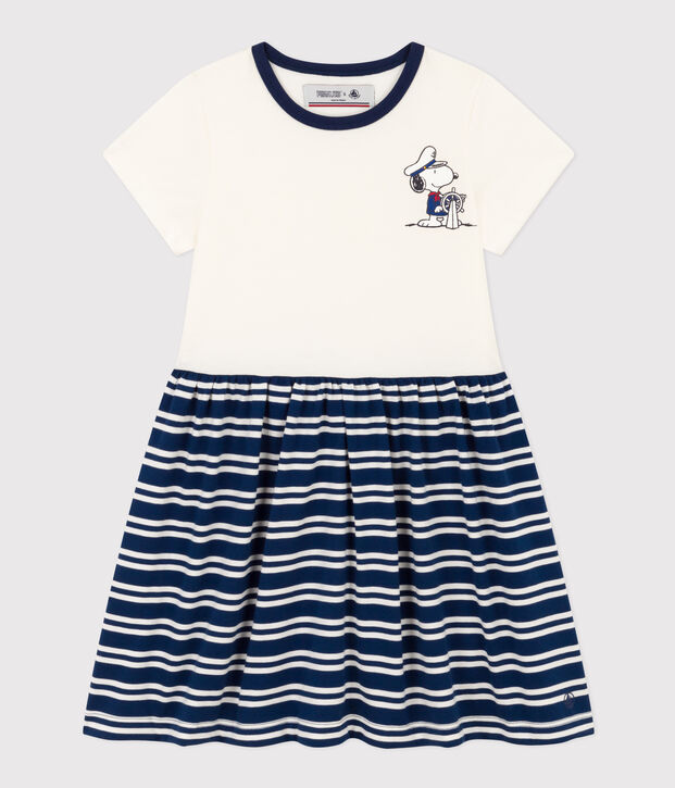 Meisjesjurk met korte mouwen in katoen blauw/wit