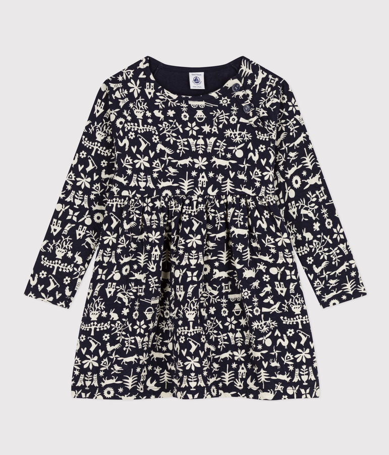 Meisjesjurk met lange mouwen in bedrukte tubic blauw/ecru