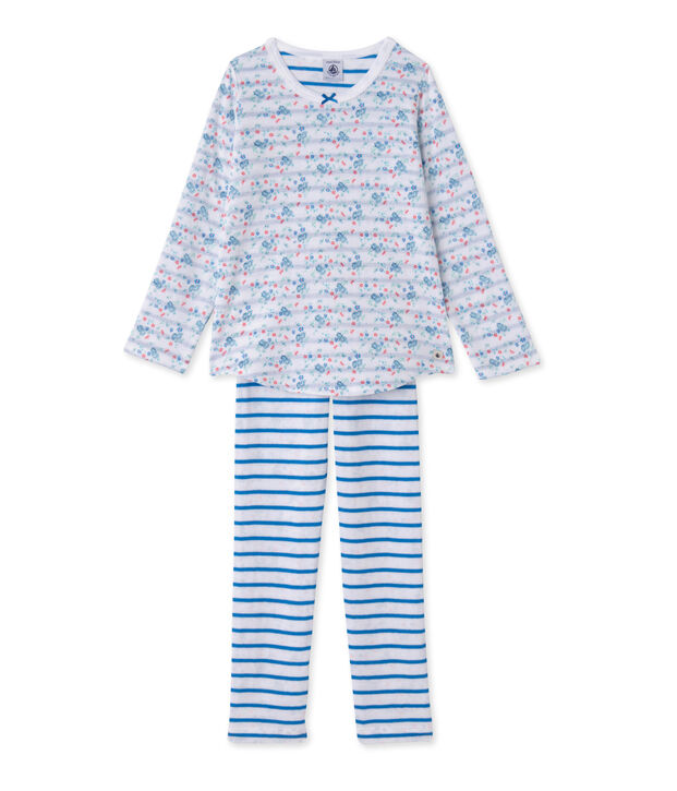 Pyjama fille en tubique r&eacute;versible blanc/bleu/multicouleur