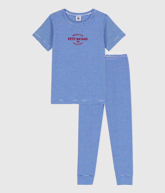 Katoenen pyjama met korte mouwen en strepen voor kleine meisjes en jongens blauw PERSE/wit MARSHMALLOW