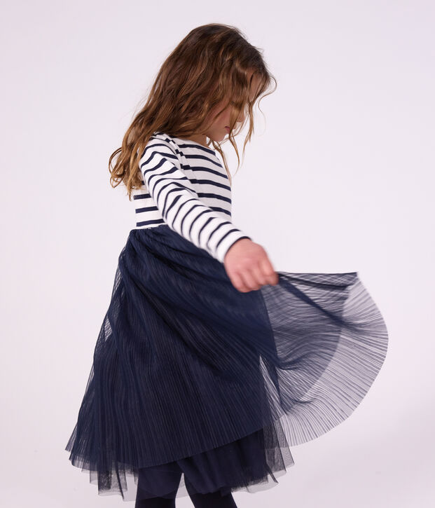 Robe enfant en coton et tulle manches longues &agrave; rayures blanc/bleu