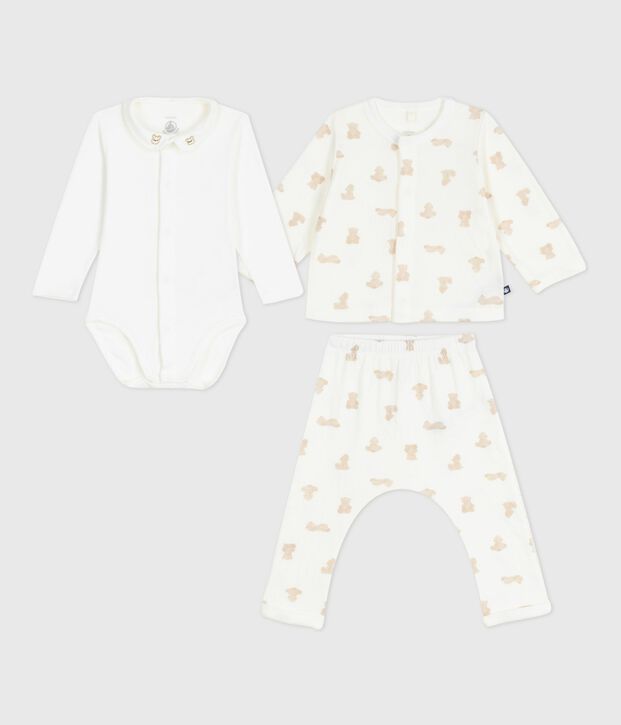 Ensemble cadeau 3 pi&egrave;ces b&eacute;b&eacute; imprim&eacute; ourson en coton blanc/BRUN