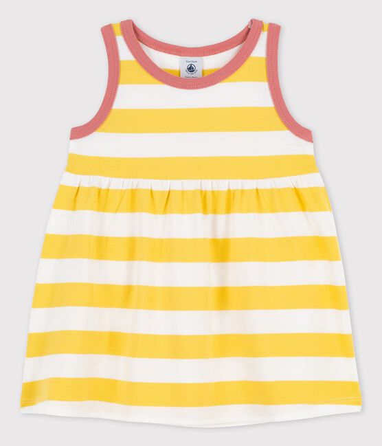 Gestreepte jurk zonder mouwen in jersey voor baby's geel ORGE/wit MARSHMALLOW
