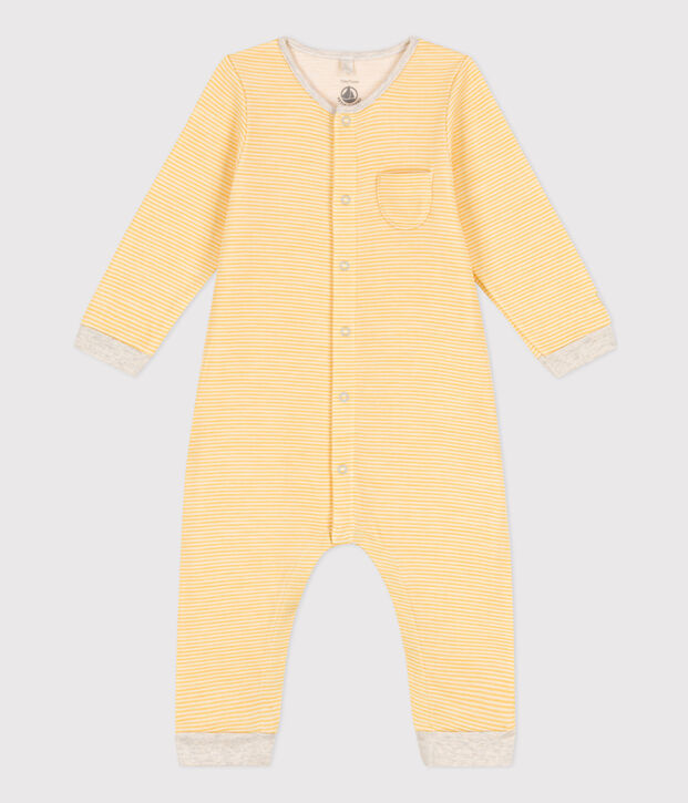 Combinaison longue ray&eacute;e b&eacute;b&eacute; en laine et coton biologique jaune/blanc