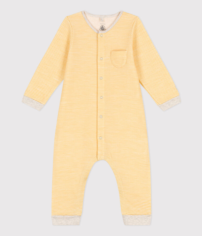 Combinaison longue ray&eacute;e b&eacute;b&eacute; en laine et coton biologique jaune/blanc