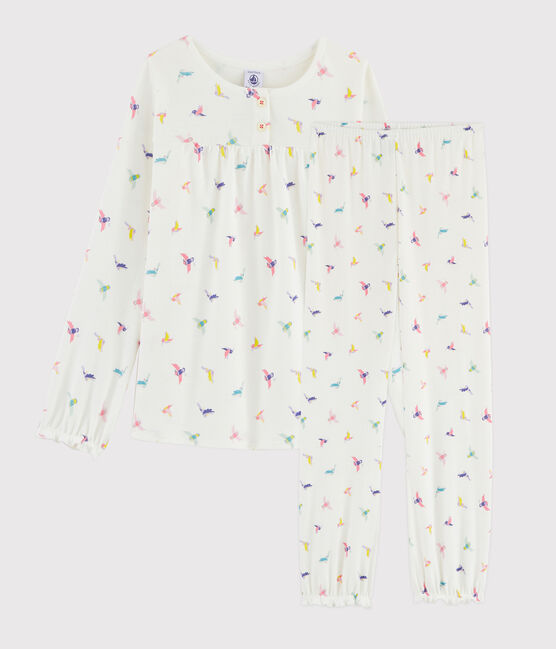 Pyjama imprimé oiseaux petite fille en côte blanc MARSHMALLOW/blanc MULTICO