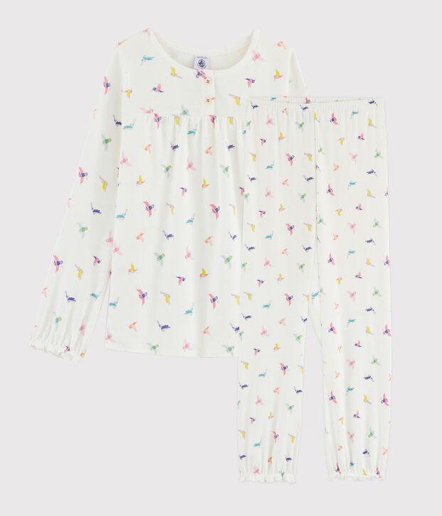 Meisjespyjama met vogelprint van ribtricot wit/multicouleur