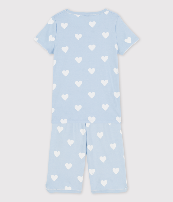 Pyjacourt bleu à cœur petite fille en coton biologique bleu JASMIN/blanc MARSHMALLOW
