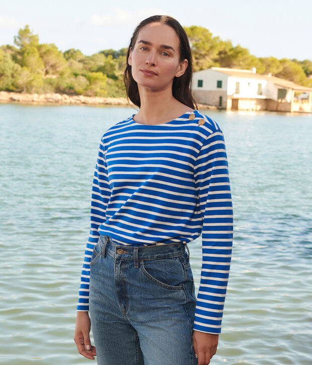 Katoenen marineshirt met lange mouw voor dames blauw/wit
