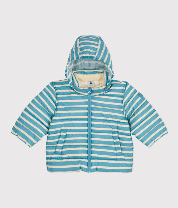 Gestreept babyjack met oprolbare capuchon blauw/ecru