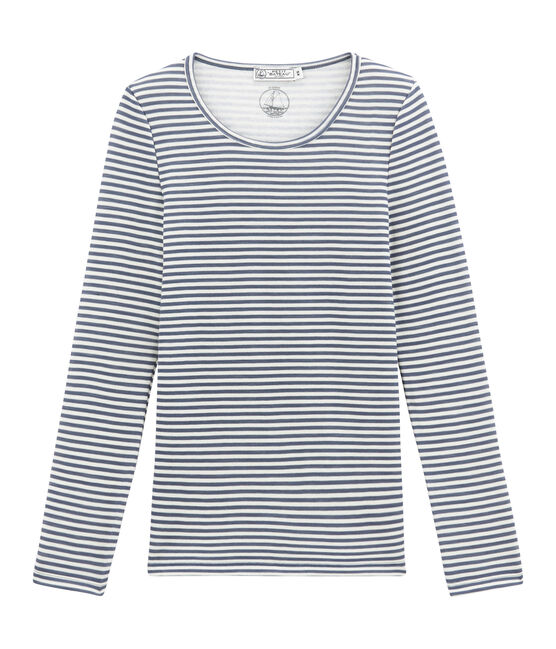 Tee shirt manches longues coton et laine pour femme bleu TURQUIN/blanc MARSHMALLOW