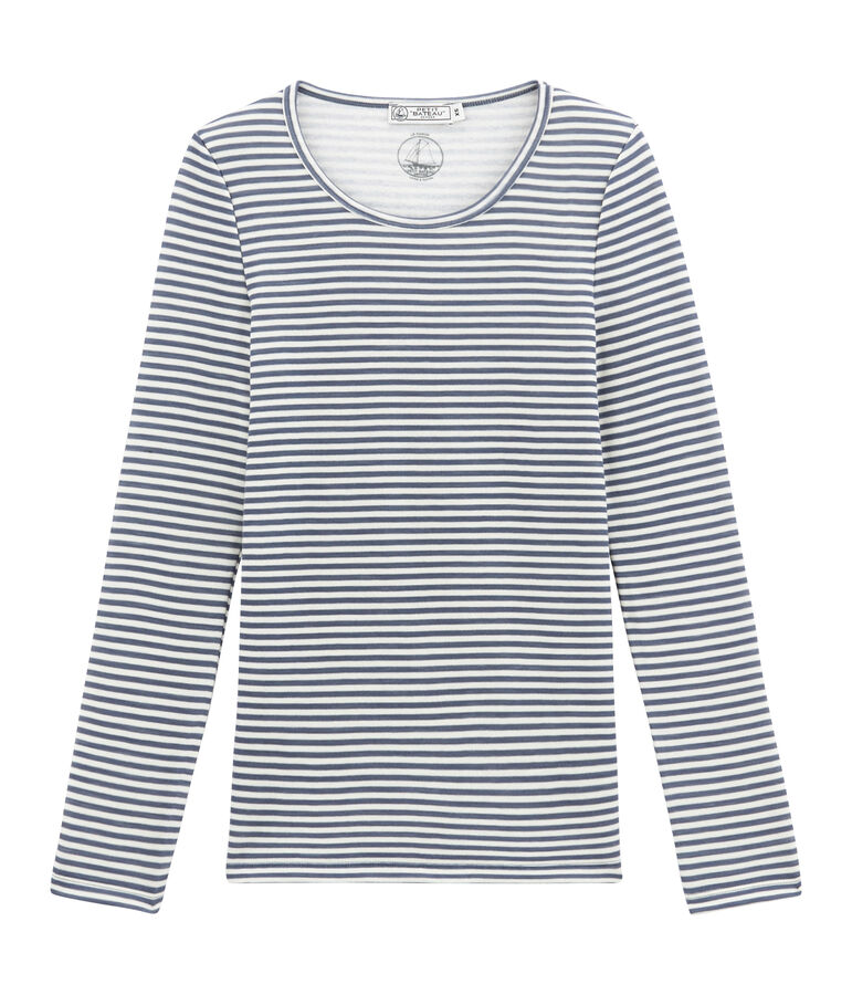 Tee shirt manches longues coton et laine pour femme bleu/blanc