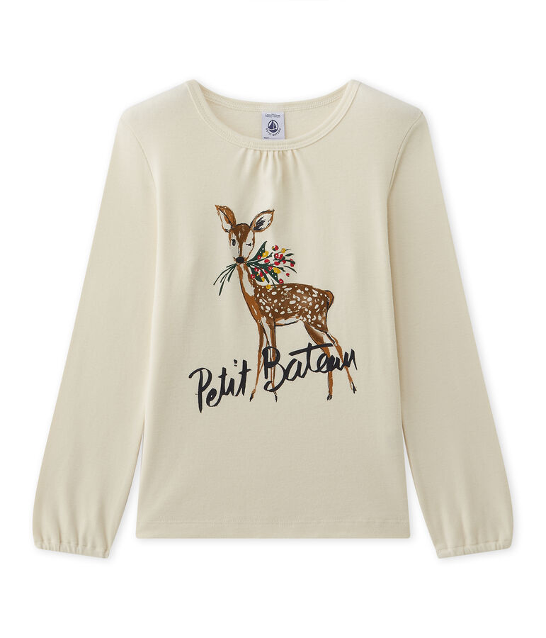 Meisjes-T-shirt met lange mouwen en opdruk beige COQUILLE/rood FROUFROU