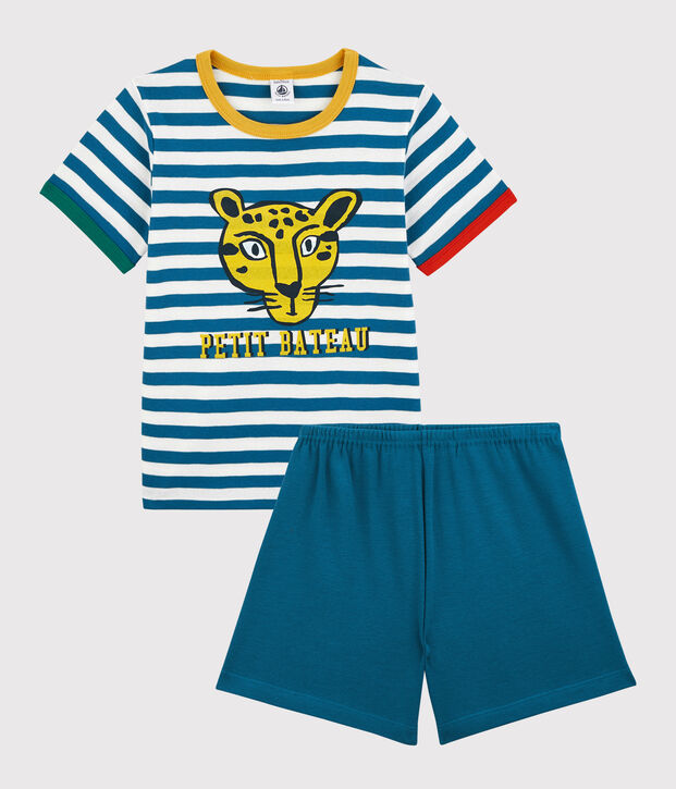 Korte jongenspyjama met strepen van katoen blauw/wit