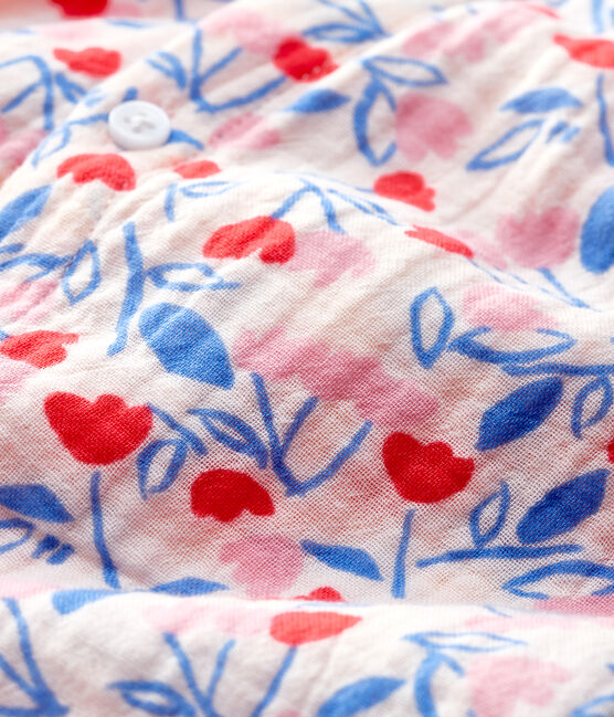 Lange gebloemde jumpsuit voor babymeisjes in luierstof van biologisch katoen roze FLEUR/wit MULTICO