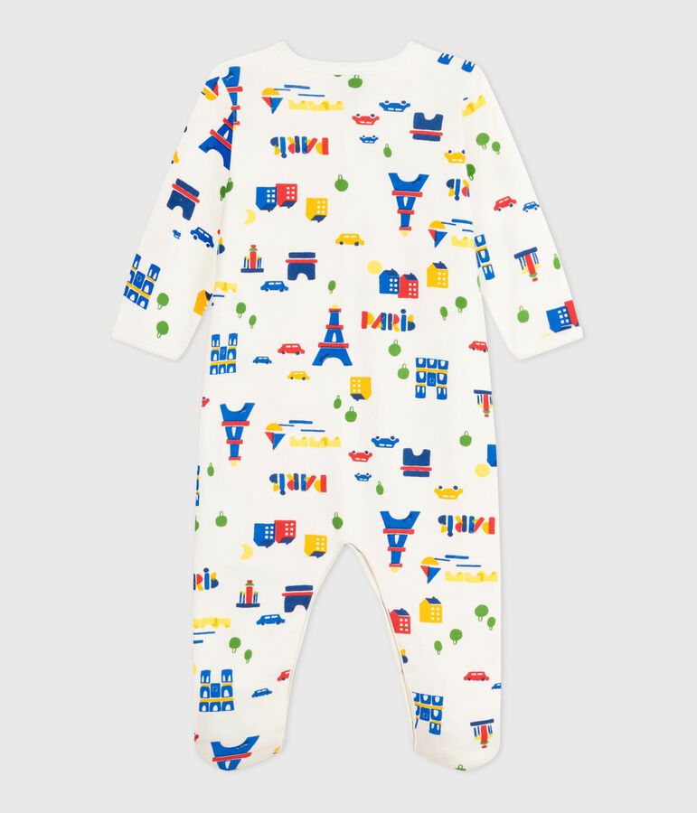 Babypyjama van geruwde fleece met kraag en Parijsprint wit MARSHMALLOW/wit MULTICO