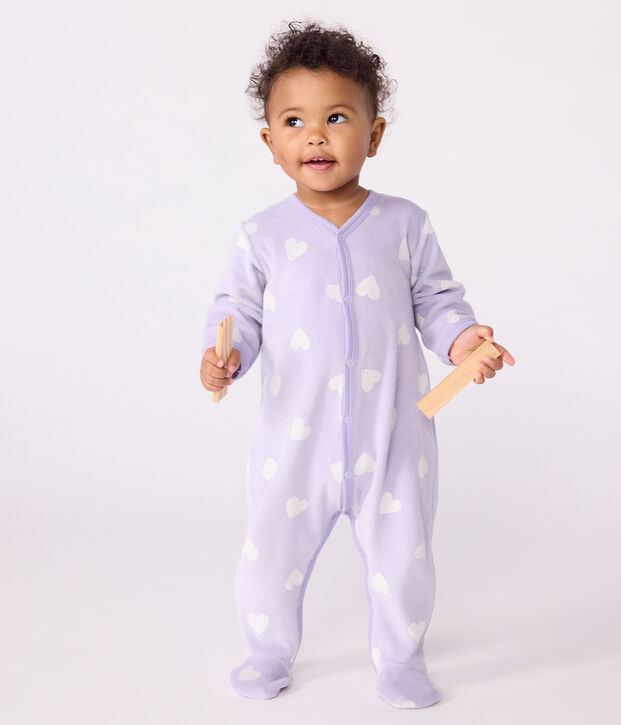Fluwelen babypyjama met hartjesprint purper/wit