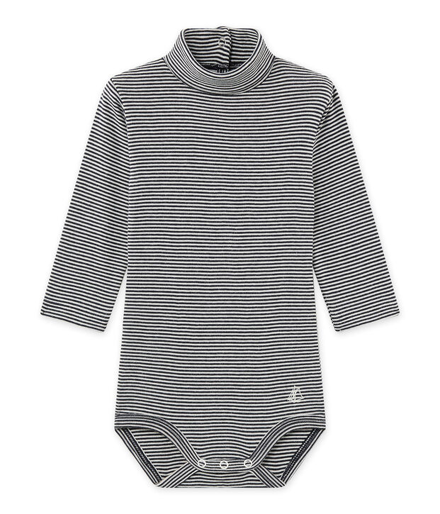 Body b&eacute;b&eacute; mixte &agrave; col roul&eacute; ray&eacute; milleraies bleu/blanc