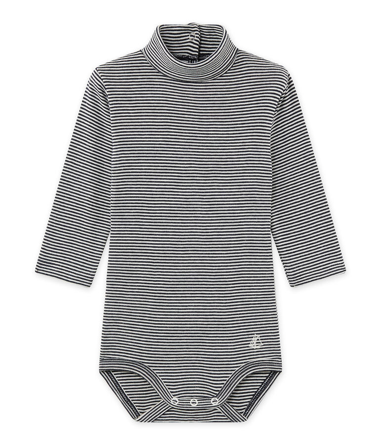 Uniseks babybody met rolkraag en milleraies-strepen blauw SMOKING/beige COQUILLE