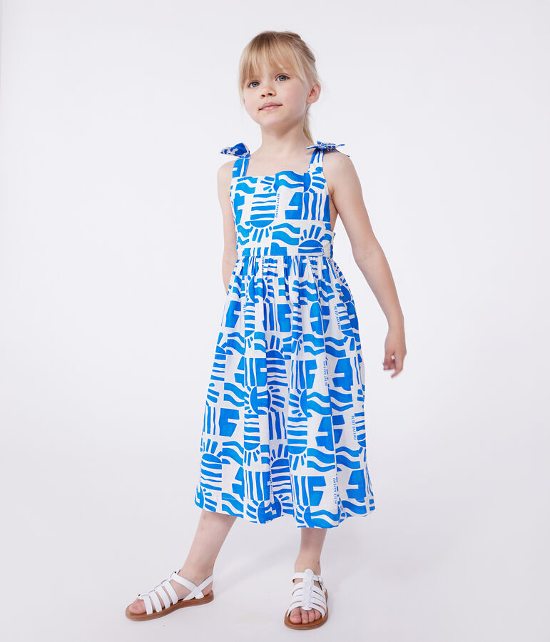 Robe longue &agrave; bretelles enfant en coton imprim&eacute;e blanc/bleu
