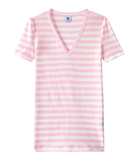 T-shirt femme col V en côte originale rayée rose BABYLONE/blanc MARSHMALLOW