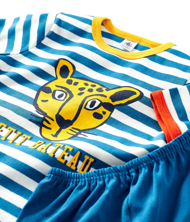 Korte jongenspyjama met strepen van katoen blauw/wit