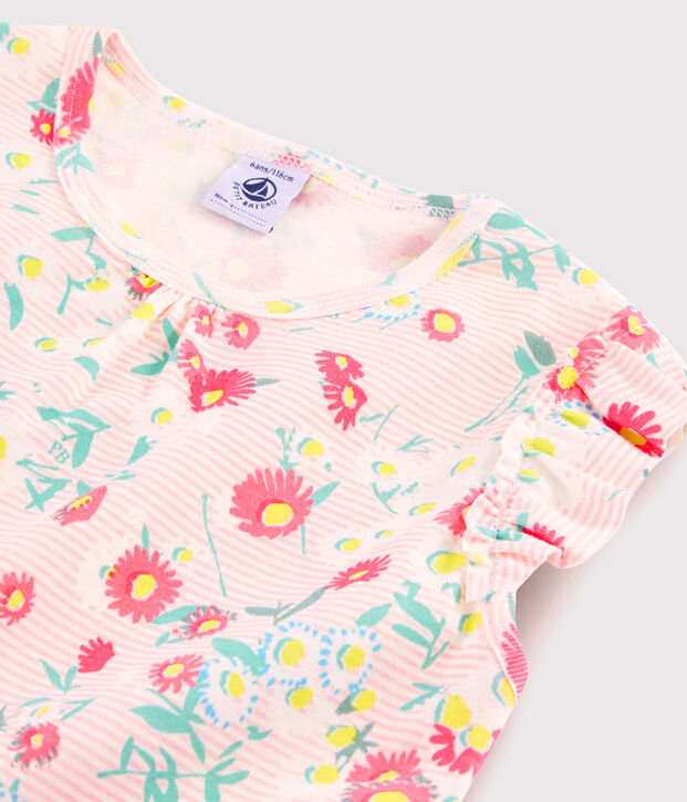 Korte gebloemde meisjespyjama van ribtricot wit/multicouleur