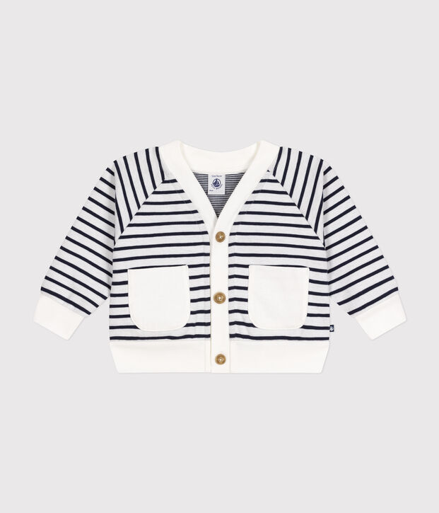 Cardigan en jersey &eacute;pais b&eacute;b&eacute; blanc/bleu