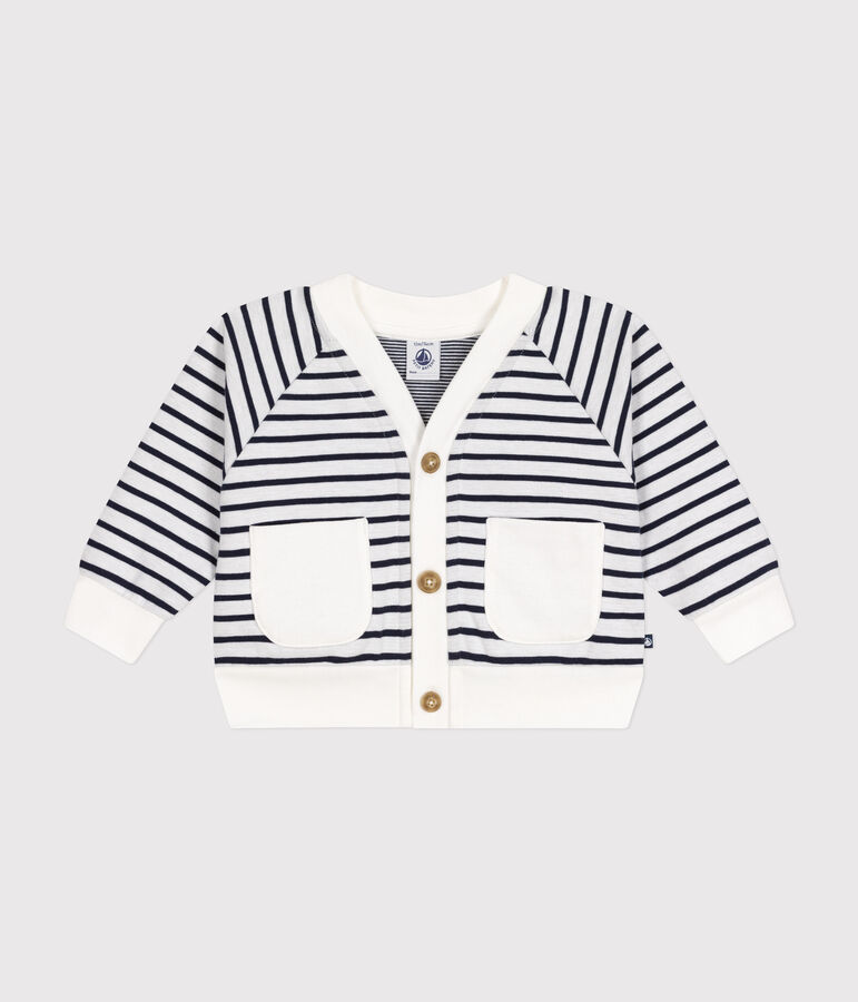 Cardigan in dikke jersey voor baby's wit MARSHMALLOW/blauw SMOKING