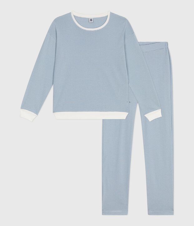 Pyjama femme en coton &agrave; rayures bleu/blanc