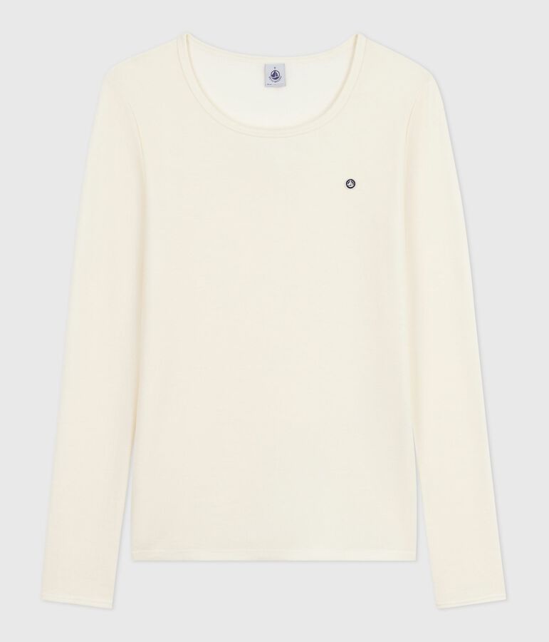Tee-shirt femme en laine et coton manches longues beige ECRU
