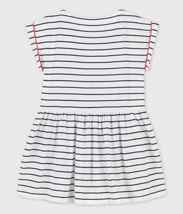 Robe manches courtes en coton enfant fille blanc/bleu