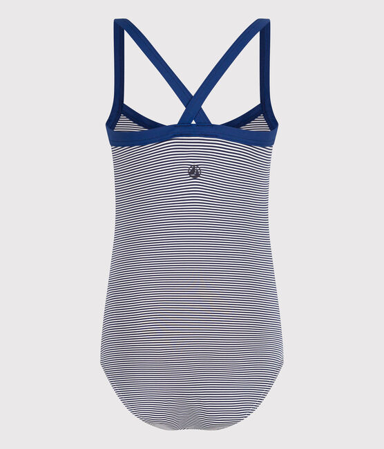 Gestreept eendelig zwempak voor meisjes blauw MEDIEVAL/wit MARSHMALLOW