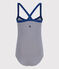 Gestreept eendelig zwempak voor meisjes blauw MEDIEVAL/wit MARSHMALLOW