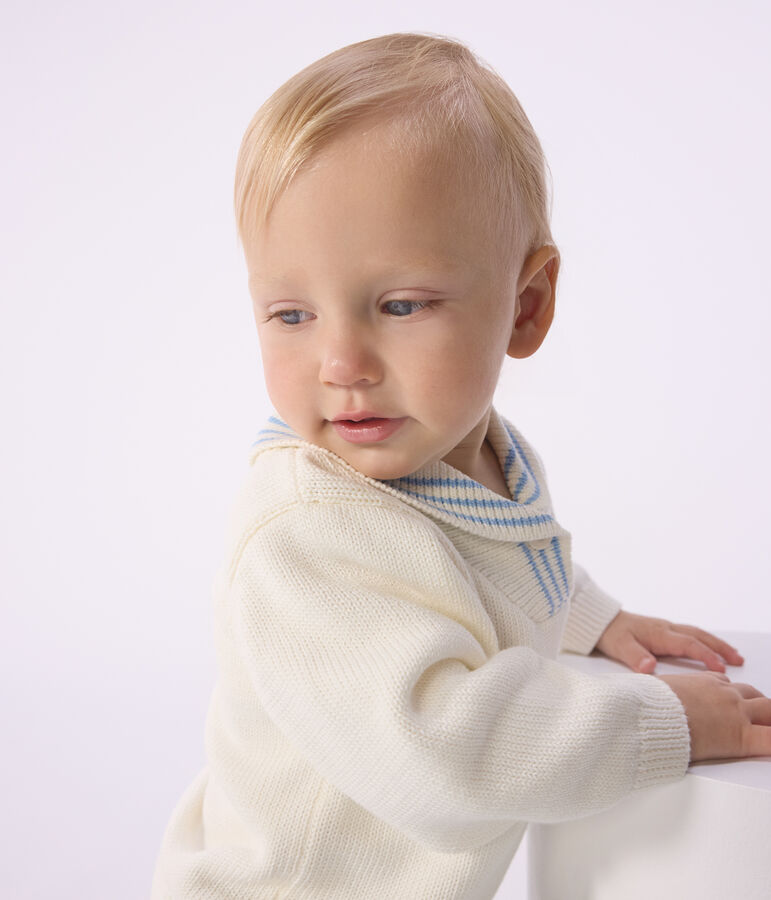 Katoenen babytruitje met gestreepte sjaalkraag ecru MILK