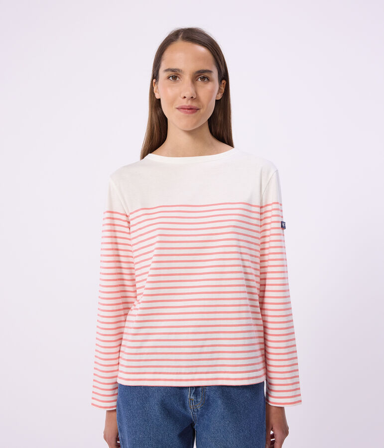Gestreept katoenen marineshirt voor dames wit/roze