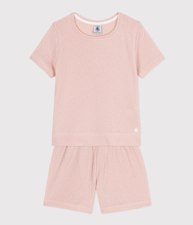 Pyjacourt uni en coton ajour&eacute; petite fille rose