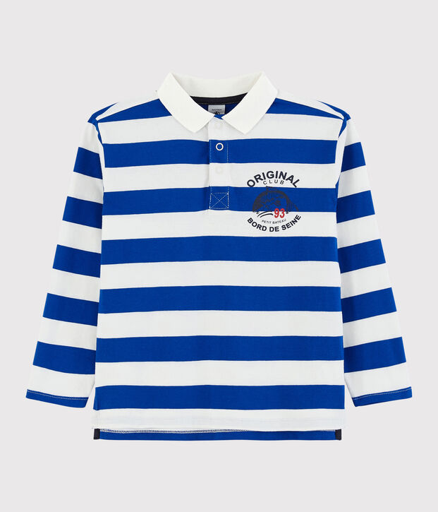 Jersey poloshirt met lange mouwen voor jongens blauw/wit
