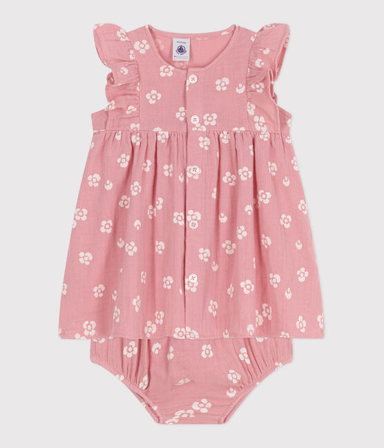 Babyjurkje van luchtig katoen met bloomer en bloemenprint roze CHARME/wit MARSHMALLOW