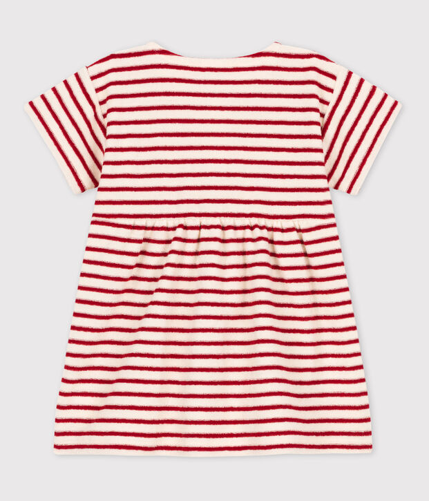 Robe manches courtes b&eacute;b&eacute; en bouclette &eacute;ponge &eacute;cru/rouge