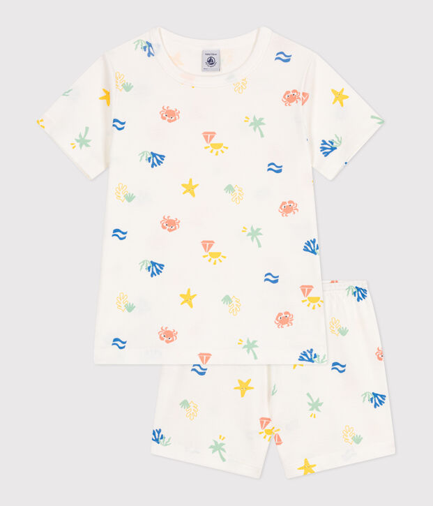 Korte katoenen kinderpyjama met print wit/multicouleur